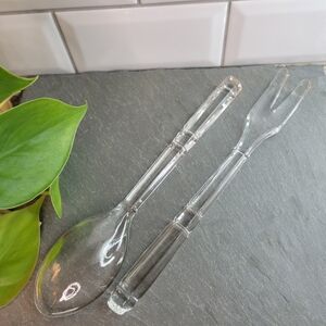Vintage Crystal Cut Clear Glass Art Deco Salad Serving 10" Spoon & Fork Set